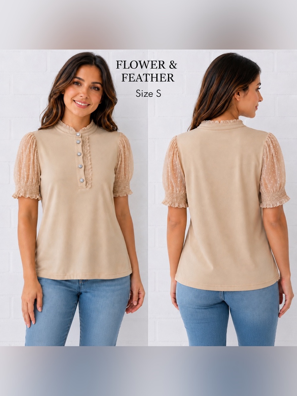 Flower & Feather Beige Puff Sleeve Swiss Dot Mesh Blouse S Romantic Cottagecore